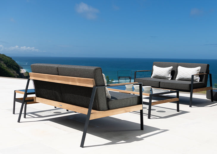 California outdoor sofa collection, powder-coated stainless steel and teak collection.