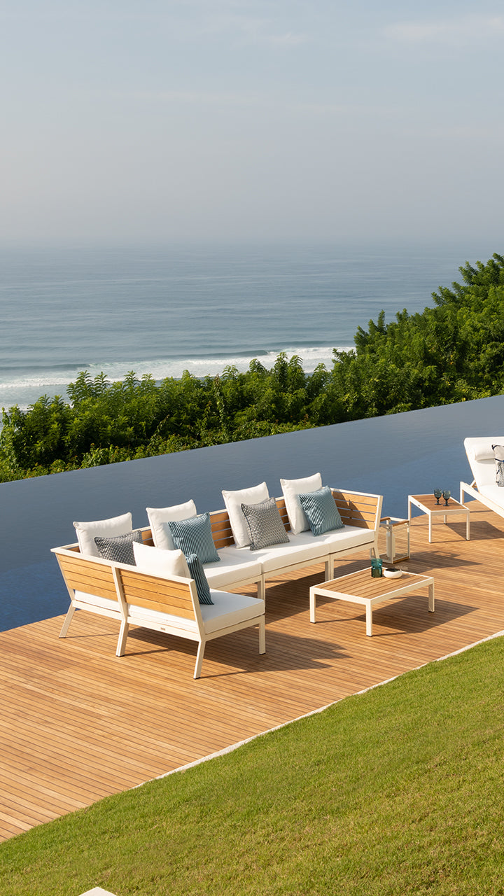 Oslo Modular Sofa Collection, white powder-coated outdoor sofa with luxury scatter cushions