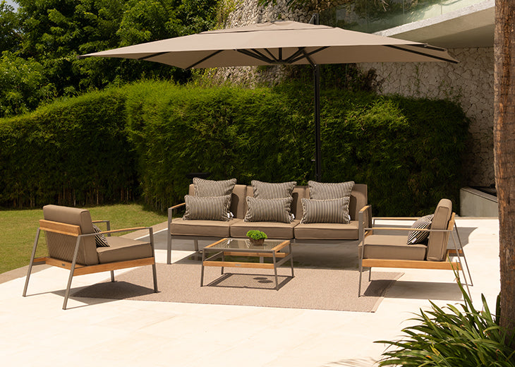 California outdoor sofa collection, powder-coated stainless steel and teak collection.