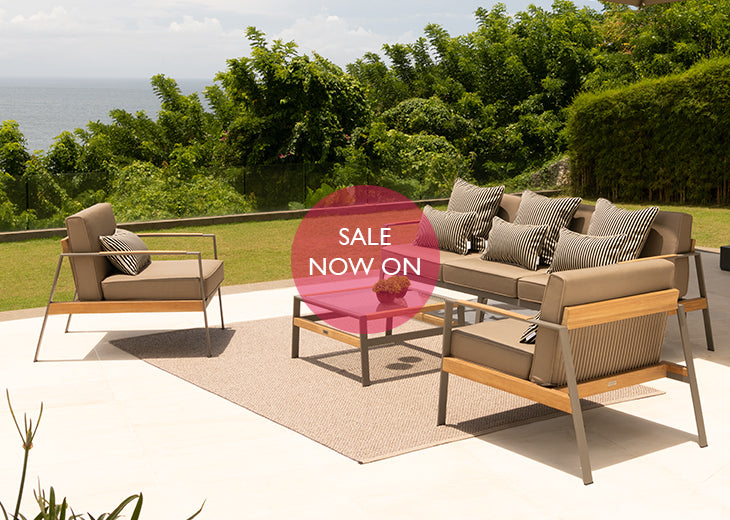 California outdoor sofa collection, powder-coated stainless steel and teak collection.